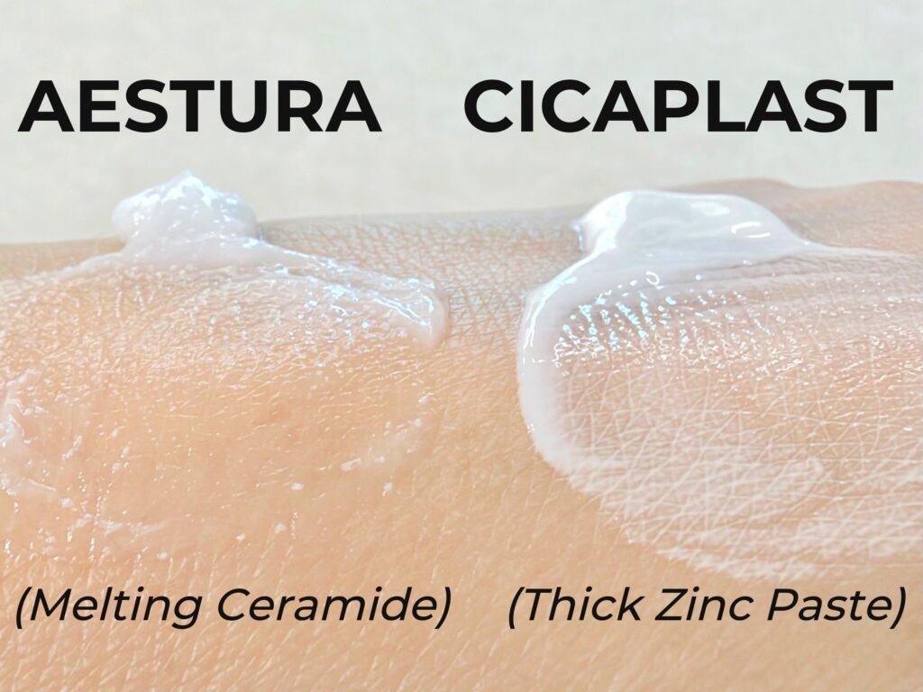 Side-by-side texture comparison showing melting Aestura 365 ceramide cream on the left and thick white La Roche-Posay Cicaplast Baume B5+ on the right.