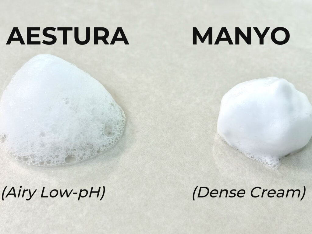 Visualizing lather density: Aestura's light, airy low-pH bubbles (left) vs. Manyo's dense, whipped-cream clarifying foam (right).