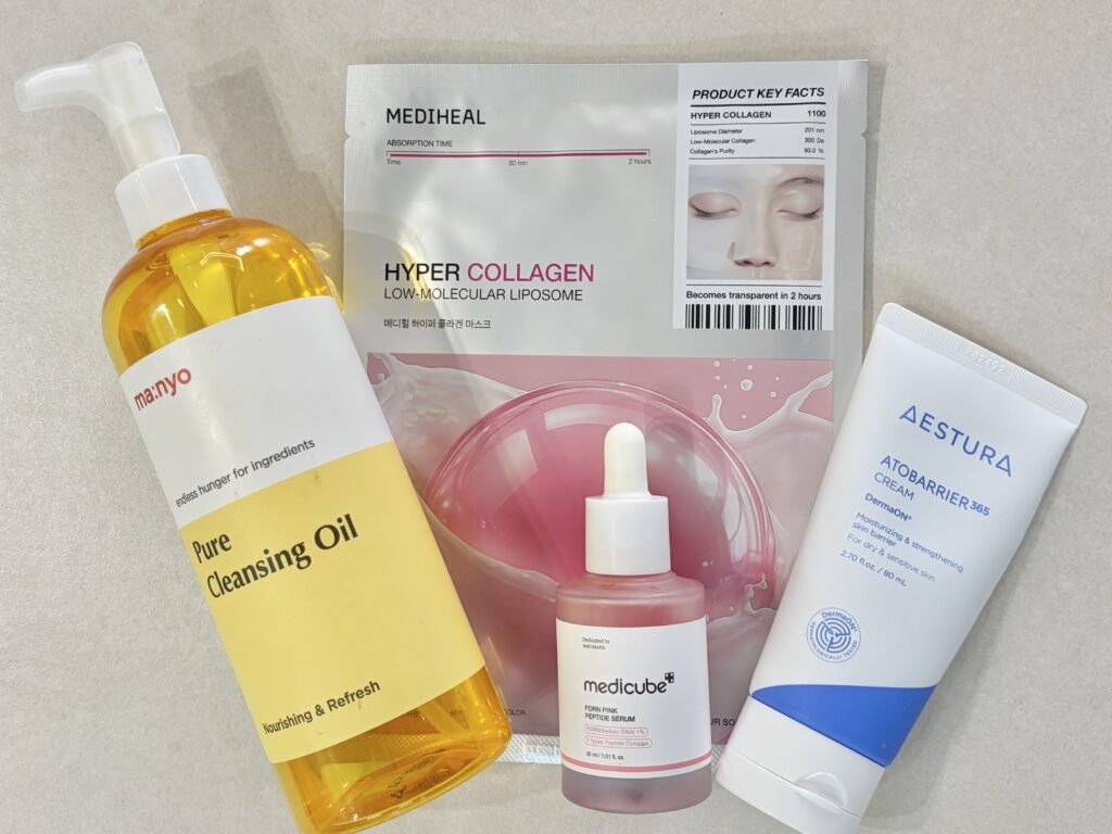 Flat lay lineup of the 4-step Korean skin barrier reset routine featuring Manyo, Medicube, Aestura, and Mediheal.