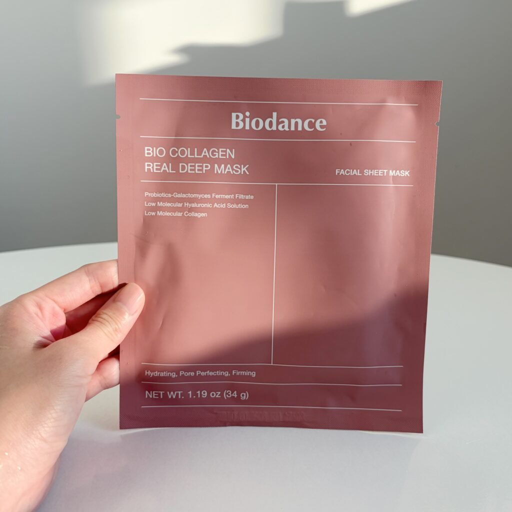 A single pouch of Biodance Bio-Collagen Real Deep Mask reviewed on a vanity table in Seoul.