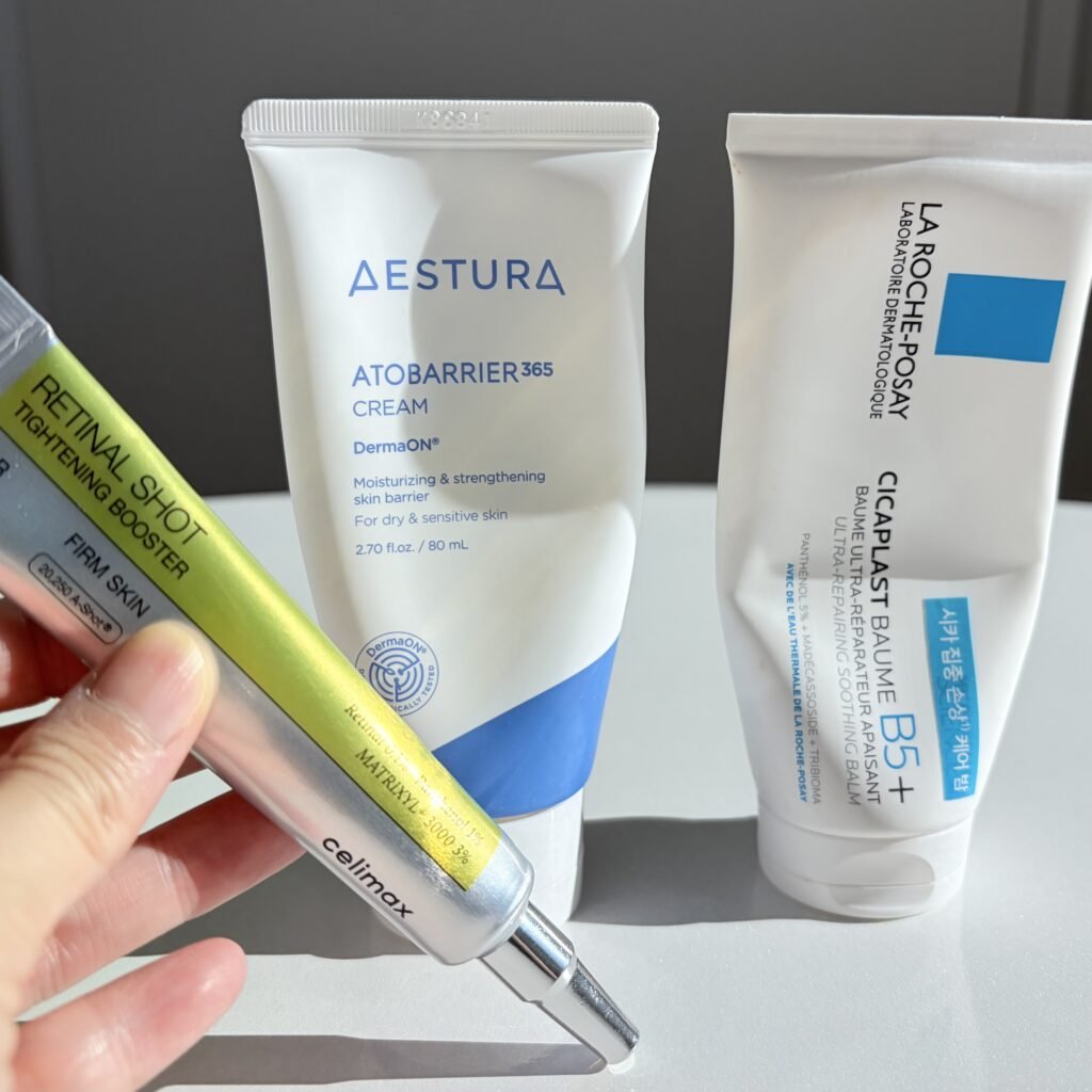 Celimax Retinal Shot paired with Aestura Atobarrier 365 Cream and La Roche-Posay Cicaplast Baume B5+ for the sandwich method